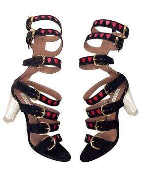 Alaïa Spartiate Plexi Gladiator High Heel Sandals Black Suede Gold EU 37.5